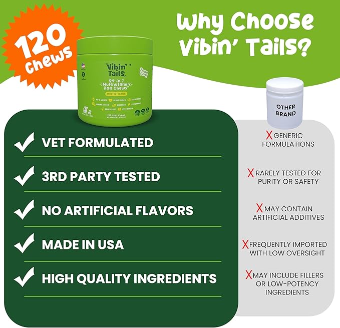 Vibin’ Tails Dog Multivitamin, Chewable Dog Vitamins and Supplements with Glucosamine, Chondroitin, Probiotics & Omega-3 for Hip & Joint, Skin & Coat – Puppy & Senior Multivitamin – 120ct