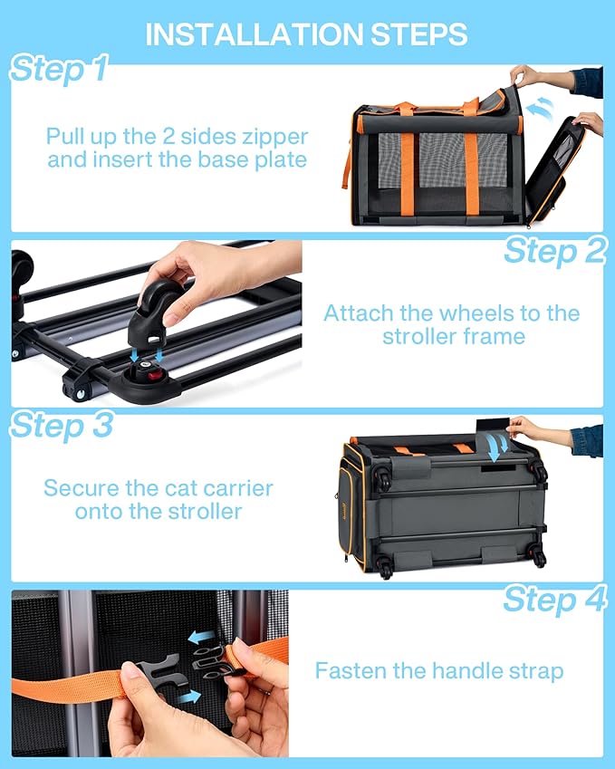 MILADA Extra Large Cat Carrier with Wheels for Big Cats & Small Dogs Soft Sided Rolling Pet Carrier Detachable XL Cat Stroller for Travel, Hiking, Vet & Hospital Use, Orange