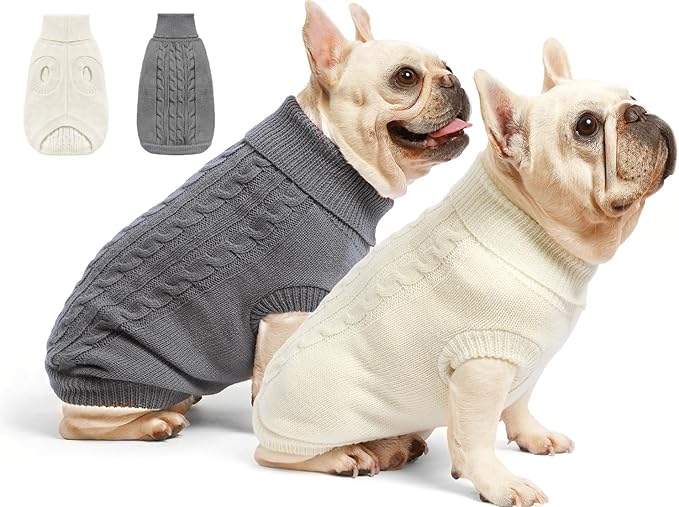 2 Pack Dog Sweaters for Small Dogs - Puppy Medium Warm Clothes in Winter, Turtleneck Pullover Design for Boy Girl Pet, Doggie, Cat, Kitten Chihuahua Bulldog Pug Beagles (M, Grey, Beige)
