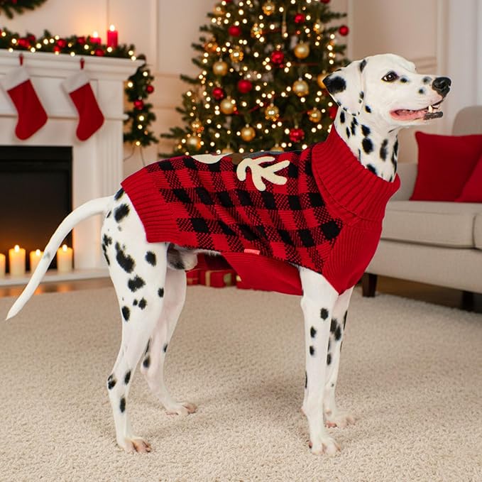 KYEESE Dog Christmas Sweater with Reindeer Pattern,Cozy Large Dogs Christmas Red Buffalo Plaid Knitwear, Turtleneck Dog Sweater for Large Dogs with Leash Hole, Soft Warm Pet Clothes, XXXX-Large