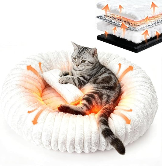 Self Warming Cat Bed, Donut Pet Bed for Indoor Cats and Small Dogs, Self-Heating Dog Bed with Non-Slip Bottom, Winter Comfort Dog Beds for Puppies, Washable & Portable Egg Tart Shape (S)