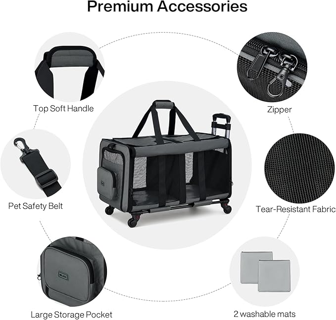 MILADA Large Cat Carrier for 2 Cats, Soft Big Pet Carrier with Wheels, Double Cat Carrier on Wheels, Rolling Pet Carrier for Travel Hiking Shopping and Camping（Not for Air Travel）, Grey