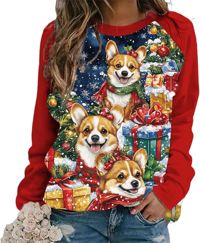 Womens Ugly Christmas Sweatshirt Funny Cat Dog Printed Xmas Pullover Shirts Crewneck Long Sleeve Graphic Hoodies