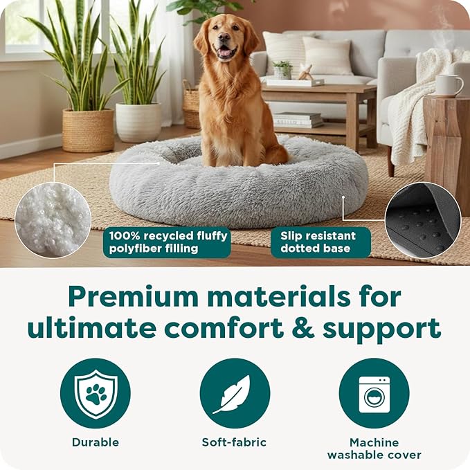 FurHaven 45" Calming Donut Dog Bed for Large Dogs, Round Plush Donut Design with Soft Filling for Snuggling Comfort, Removable Washable Cover, Jumbo/XL, Shaggy Faux Fur, Gray