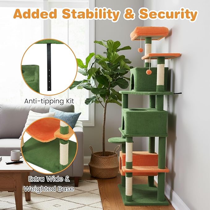 Tangkula Cat Tree for Indoor Cats, 75 Inch Extra Tall Cat Tower with Sisal Scratching Post, Padded Top Perch, Dual Condos, Hammock, 2 Dangling Balls, Platforms, Multi-Level Cat Climbing Furniture