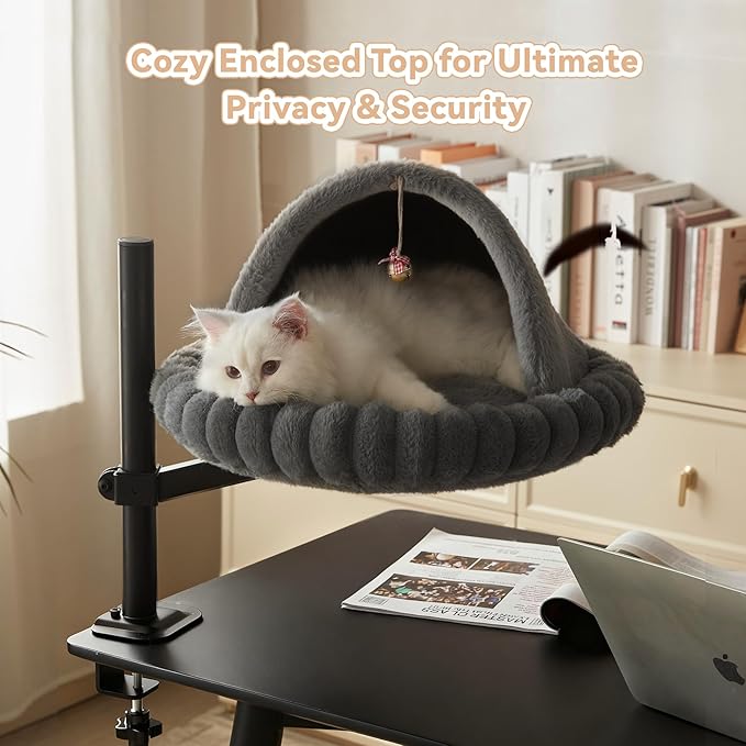 Dogpals 360° Rotating Cat Bed for Desk, Height Adjustable Cat Perch with Semi-Enclosed Design & Removable Cushion, No-Drill Clamp fits up to 1.18" Desk, Supports 9lbs for Office, Gaming Table