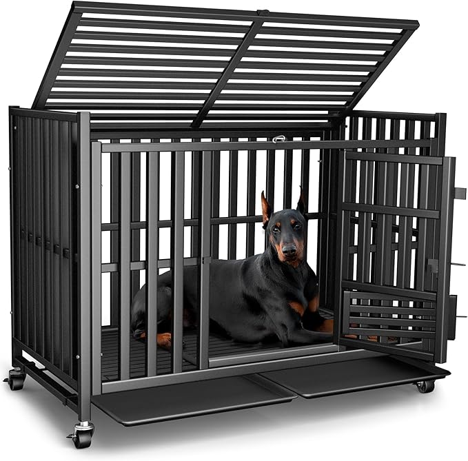 Heavy Duty Dog Crate, Escape-Proof Indestructible Cage for High-Anxiety Dogs, 3-Door Kennel with 4 Lockable Wheels and 2 Removable Trays Ideal for Large & Medium Breeds(43 Inch)