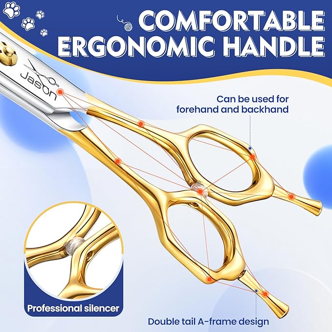 JASON Curved Thinner Dog Scissors - Ergonomic Updated Dog Grooming Scissors Sharp Curved Blender Dog Shears 440C Stainless Steel Grooming Shears Professional Pet Shears for Groomer