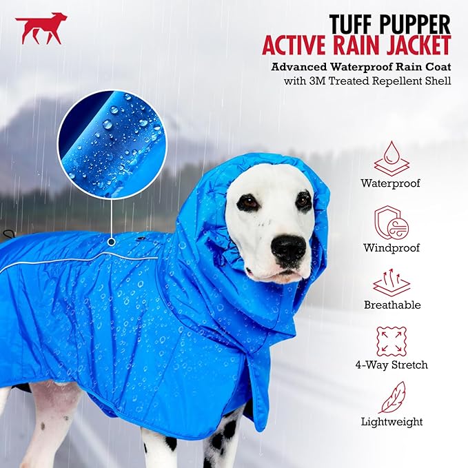 Tuff Pupper Waterproof Dog Raincoat | Full-Body Windproof Rain Jacket for Dogs | Reflective Strips | Breathable Mesh Lining | Adjustable Fit | Leash Port | Small Medium Large XL XXL Dogs (Blue, M)