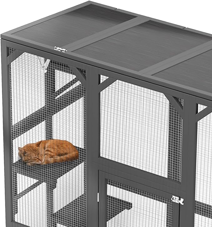 Ball & Cast 59" Wooden Catio Enclosure Outdoor Cat House with Anti-UV& Waterproof, Platforms and Resting Boxes Walk-in Cat Kennel Shelter for Indoor,Dark Grey