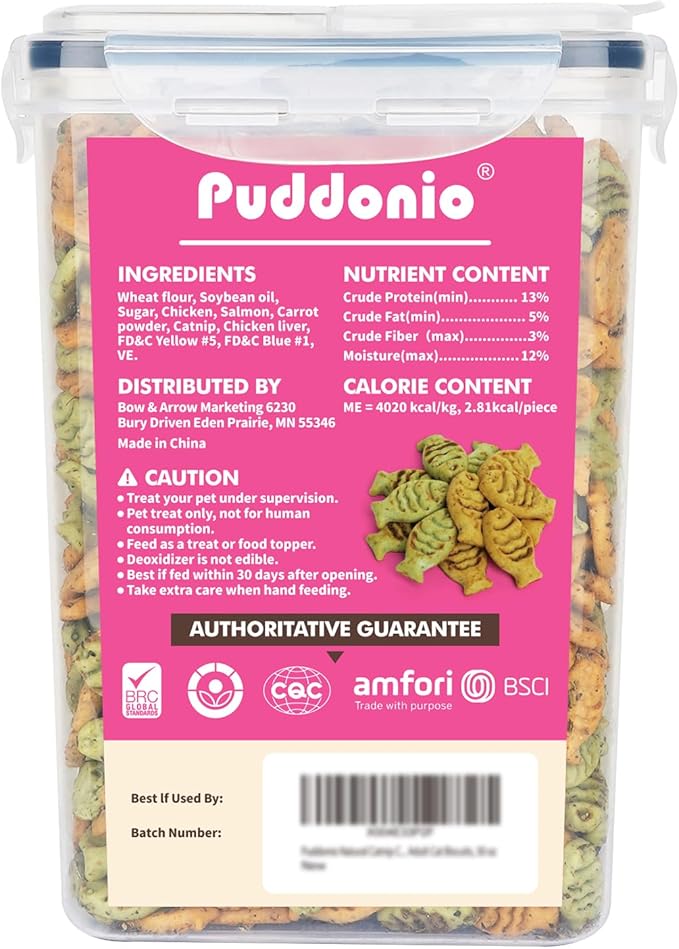 Puddonio Catnip Cat Treats, Chicken and Salmon Flavor Snacks, Training Crunchy Fish Shape Adult Cat Biscuits, 30 oz
