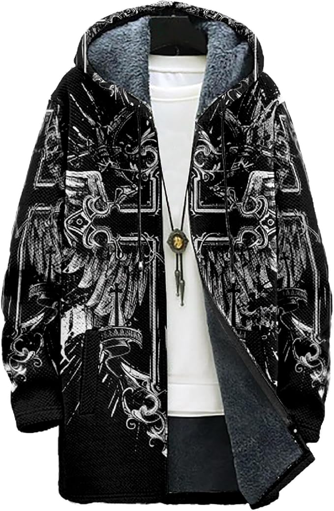 MARSVOVO Cool Hippie Long Cardigan Hoodies for Men Zipper Fleece Lined Knit Coat Skull Animal Print Graphic Jackets