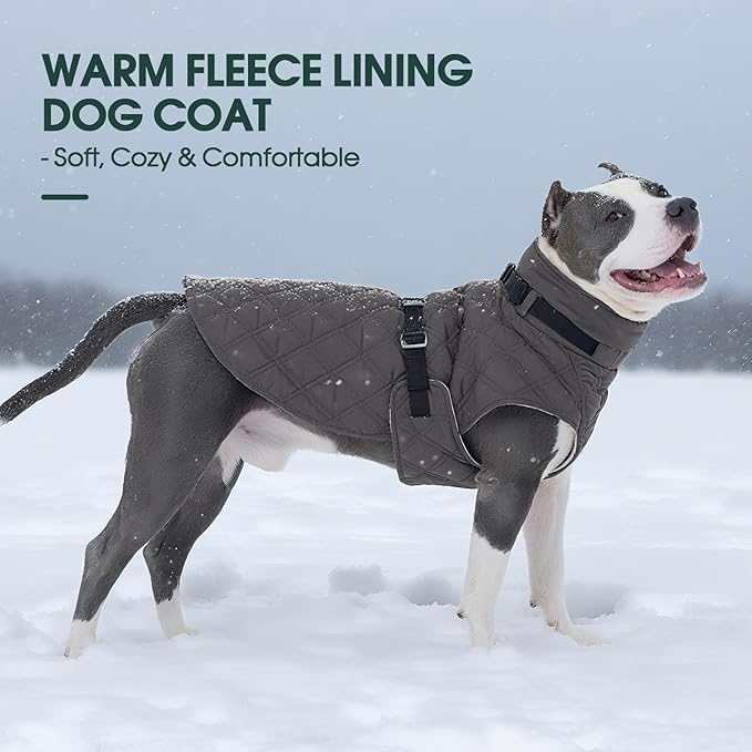 Kuoser Dog Coat Warm Fleece Lining Turtleneck Dog Jacket with Harness Built-in, Windproof Cold Weather Coats with Quick Release Buckle Pet Winter Snowsuit for Extra Large Dogs Great Dane, Grey 3XL