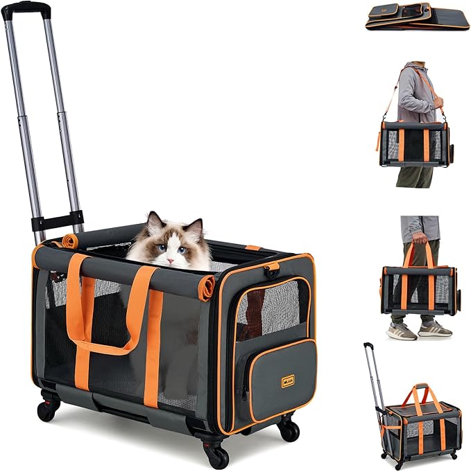MILADA Extra Large Cat Carrier with Wheels for Big Cats & Small Dogs Soft Sided Rolling Pet Carrier Detachable XL Cat Stroller for Travel, Hiking, Vet & Hospital Use, Orange