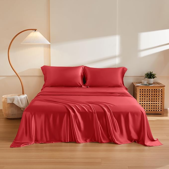 THXSILK Silk Sheet Set 4Pcs, 6A+ Top Grade 100% Natural Mulberry Silk Bed Sheets, Lightweight Luxury Bedding Sets Ultra Soft Durable, 1 Fitted Sheet, 1 Flat Sheet and 2 Pillow Shams (Full, Red)