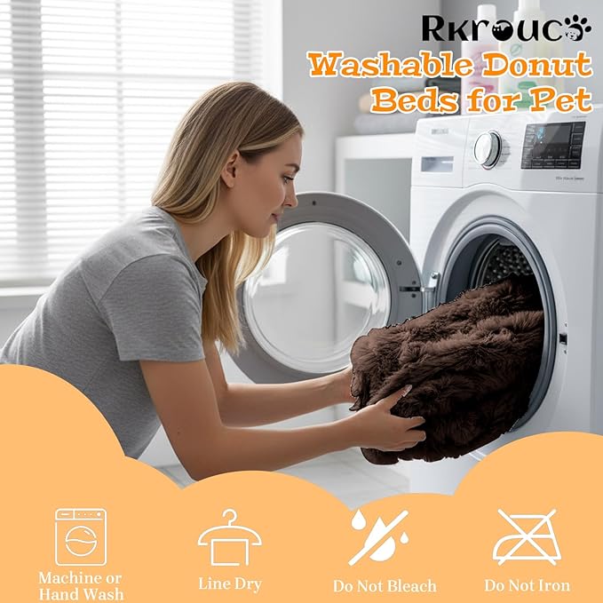Fluffy Dog Bed Calming Donut Beds for Large Dogs Warming Round Small Medium Pet Nest Cozy Cat Mattress Indoor Washable Puppy Kennel Kittens Sleep Mat (XS, 20×20 inch, Brown)