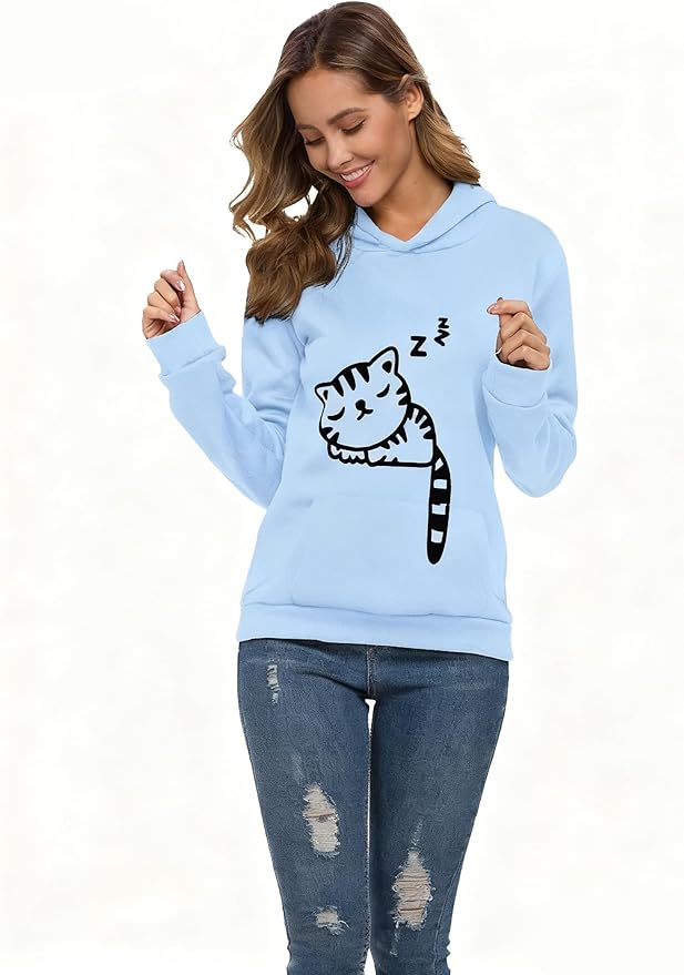 Women Teen Girls Hoodie Sweatshirt With Cute Cat Ear and Sleeping Cat Printed Pullover