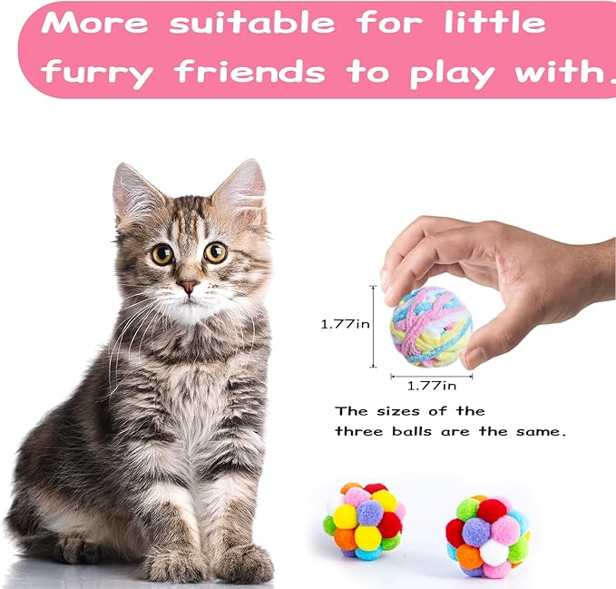 Zeeptix Cat Toys Balls 12Pcs Yarn Cat Balls with Bells Inside, Interactive Kitten Chew Toys for Indoor Kittens Kitty,Muticolor, Crinkle Toys Set，1.7 inches