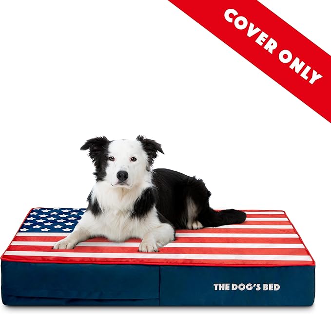 Replacement Outer Cover ONLY (Outer Cover ONLY - NO Bed, NO Waterproof Inner) for The Dog's Bed, Washable Oxford Fabric, Large 6 Inches (Blue with Red Piping USA Flag Embroidery & Centre Flag)