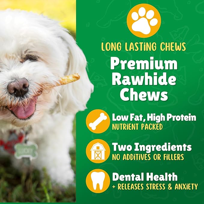 Chicken Wrapped Rawhide Dog Treats – 40ct. Rawhide Chew Sticks – Long Lasting Chews for Small Dogs Made in The USA with Natural Chicken and Beef Hide