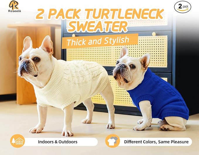 2 Pack Dog Sweaters for Small Dogs - Puppy Medium/Large Warm Clothes in Winter, Turtleneck Pullover Design for Boy Girl Pet, Doggie, Cat, Kitten Chihuahua Bulldog Pug Beagles (XL, Blue, Beige)