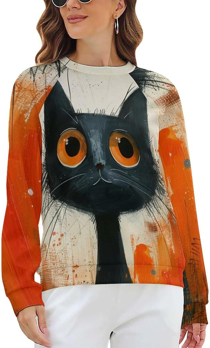 Biacolum Long Sleeve Shirts for Women Mid Century Retro Style Atomic Cat 3D Graphic Sweatshirts Fall Crewneck Pullover Top
