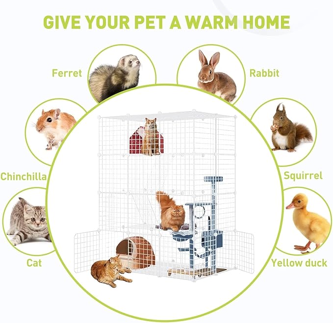 Large Cat Cage Enclosure Indoor DIY Cat Playpen Pet Home Small Animal House Detachable Metal Wire Kennels Crate Large Exercise Place Ideal for 1-3 Cat (White, 41.3" Lx28 Wx55 H, 1)