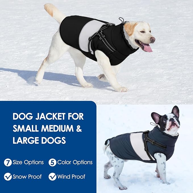 KOESON Dog Coat, Warm Dog Winter Jacket with Harness Built-in for Easy Walk, Fleece Lined Cold Weather Coat for Medium Dogs, Waterproof Puffer Jacket for French Bulldog, Corgi, Beagle, Black M
