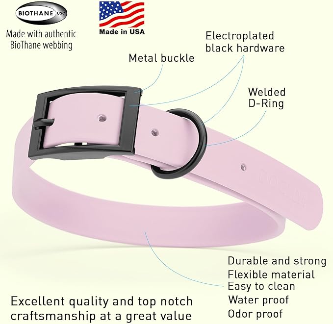 Dogline Biothane Coated Webbing Dog Collar with Black Metal Hardware: Durable Easy-Clean Everyday Collar for Dogs - Comfortable Adjustable Odor-Resistant Pet Collar, W1 x L18-22, Pastel Purple