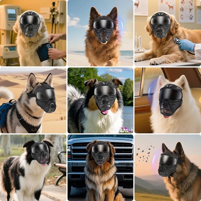 PETLESO Dog Goggles Large Breed, Anti-UV Dog Sunglasses for Full Face Protection, Pet Mask with Breathable Holes for Outdoor Camping Hiking Hunting, Adjustable, Black