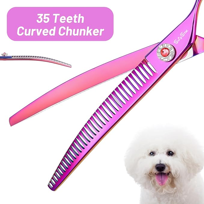 7.5inch 25 Degree Curved Scissors for Dog Grooming Chunkers, VG10 Steel Sharp Blades, Professional Dog Grooming Scissors Blender, 35 Teeth High-end Pet Thinning Shears, 65% Thinning Rate