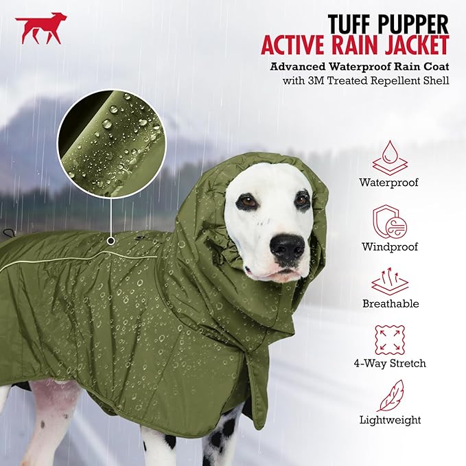 Tuff Pupper Waterproof Dog Raincoat | Full-Body Windproof Rain Jacket for Dogs | Reflective Strips | Breathable Mesh Lining | Adjustable Fit | Leash Port | Small Medium Large XL XXL Dogs (Olive, L)