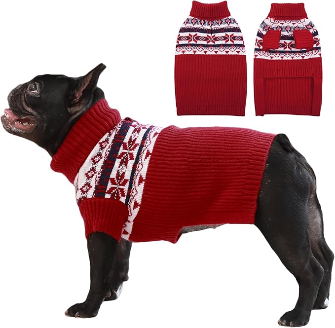 IECOii Large Dog Christmas Sweater, Cold Weather Knitted Winter Coat, Xmas Apparel, Turtleneck Thick Warm Red for Dachshund, Pug, French Bulldog