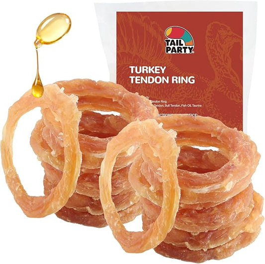 TailParty Turkey Tendons for Dogs with Fish Oil & Taurine: 1 lb Dog Healthy Treats, All Natural Dental Chew Rings, Long-Lasting Training-Reward Snacks for Health-Conscious Pet Owners