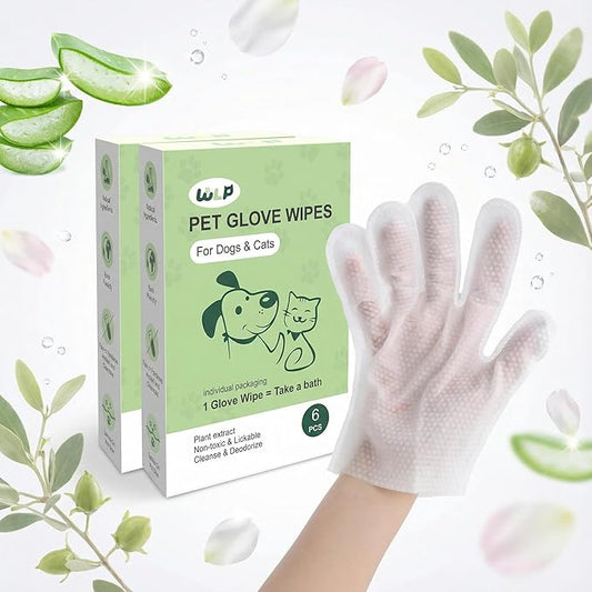 WLP Pet Glove Wipes for Dogs & Cats, Cleaning Deodorizing Hypoallergenic Hydrating Grooming Wipes, Individually Wrapped, Enriched with Aloe & Jojoba Oil for Daily Care, Traveling (12 PCS)
