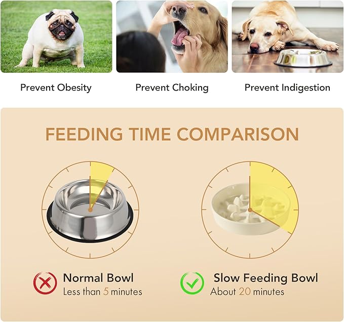 Ceramic 1.6 Cup Dog Raised Slow Feeder Set, Elevated Bowl with Wooden Stand for Medium and Large Dog, 8.2inch Slow Feeder Dish for Fast Easters, Anti-Gulping(Beige, Single Bowl+ Stand)