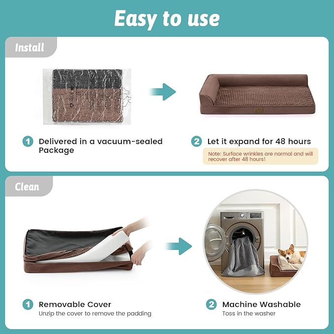 Orthopedic Dog Bed for Large Medium Size Dog, Pet Sofa, Foam Bolster Couch with Waterproof Lining Cover, Anti-Slip, Washable, L-Shaped, L 36x27x6.5 inch, Brown
