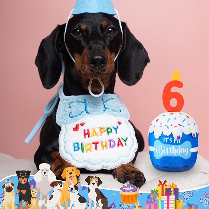 Dog Birthday Cake Toy Accessories for Girl Boy Gifts, Squeaky Plush Toy for Dog Birthday Party Decor Favor for Large, Medium and Small Dogs(6th,Blue)