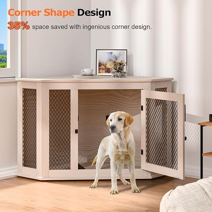 Corner Dog Crate Furniture, 52" Wooden Dog Kennel Furniture End Table with Mesh, Dog Kennel Indoor Furniture for Small Medium Large Dogs, Modern Decorative Wood Pet House Dog Cage Crate, White