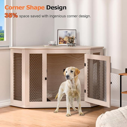 Corner Dog Crate Furniture, 52" Wooden Dog Kennel Furniture End Table with Mesh, Dog Kennel Indoor Furniture for Small Medium Large Dogs, Modern Decorative Wood Pet House Dog Cage Crate, White