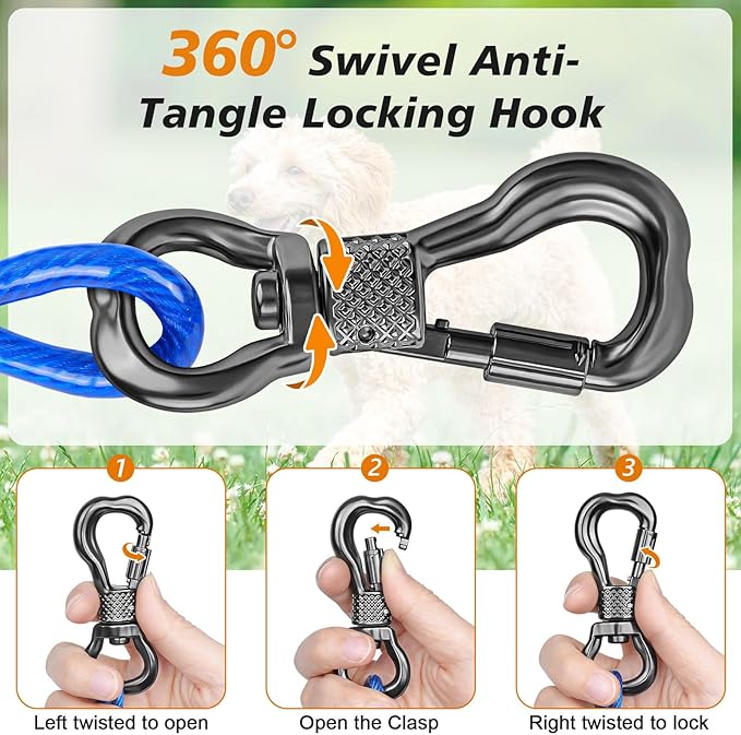 Tresbro 100FT Dog Tie Out Cable with Spring, Shock Absorbing Tether Chains for Outside Aavilable in 10/15/20/25/30/40/50/70/100/120 FT, Heavy Duty Leads for Yard for Medium & Large Dogs Up to 500 LBS