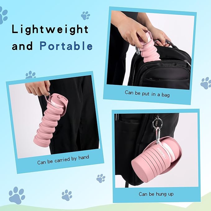 Collapsible Dog Water Bottle, Portable Pet Travel Water Dispenser with Foldable Silicone Bowl, BPA Free Food Grade, 8oz-19oz Leak-Proof Dog Drinking Bottle for Walking, Hiking, Camping (Pink)