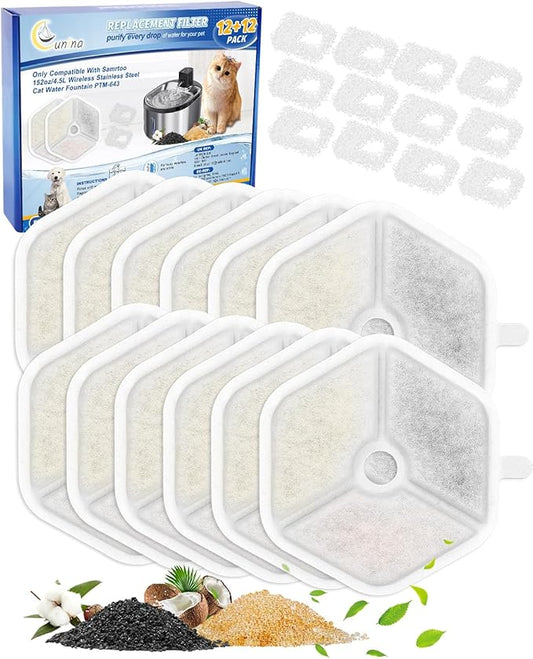 Cat Water Fountain Filter Fit for Smartoo 152oz/4.5L Wireless Cat Fountain PTM-643, Multilayer Filter, Cat Fountain Filter Replacement Fit for Smartoo Replacement Filters 12 Filters + 12 Sponge