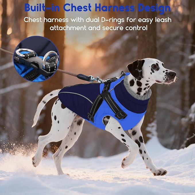 ASENKU Reflective Dog Coat with Built-in Harness, Windproof Fleece-Lined Dog Jacket for Small, Medium, Large Dogs, Warm Winter Vest with Turtleneck & Zipper (Navyblue L)