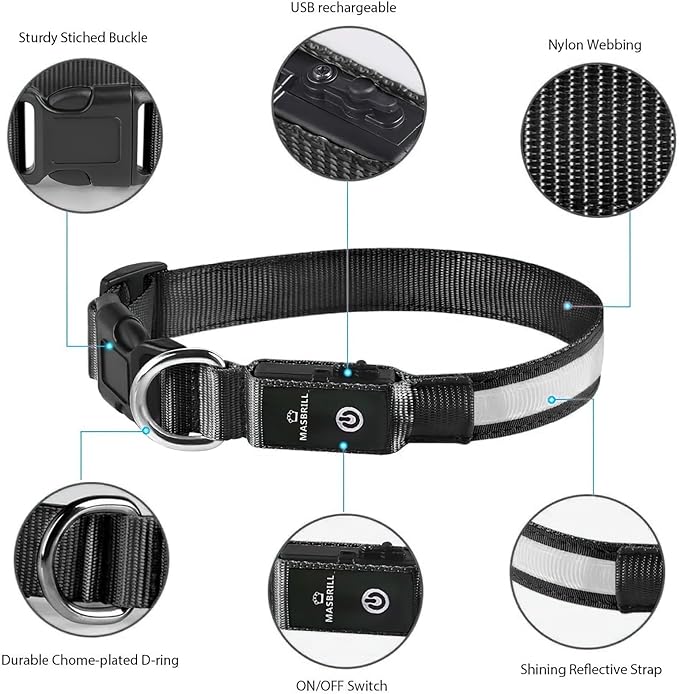 MASBRILL Light Up Dog Collars - LED Dog Collar Rechargeable Lighted Dog Collar Resistant-Water Night Walking Glow Dog Collars