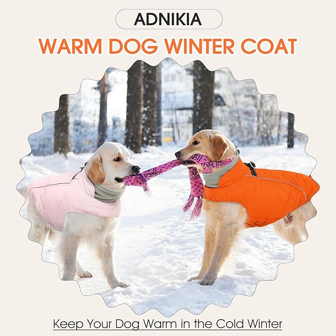 Dog Coat with Harness Built in -Orange,Large- Fleece Lined Dog Snow Jacket Snowsuit，Adjustable Reflective Winter Warm Cold Weather Coat