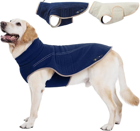 ROZKITCH Reversible Dog Fleece Vest with Harness Hole, Super Warm Fleece Sherpa Sweater with Hook and Loop, Adjustable Double-Sided Plush Sweatshirt for Great Dane DarkBlue 5XL