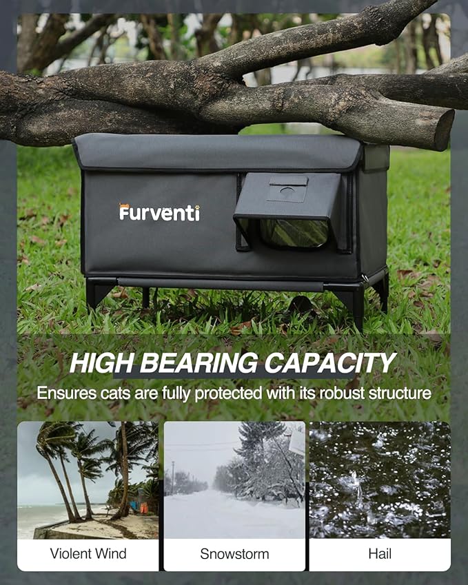 Heated Cat House for Outside,Dual Camera Mounts,100% Weatherproof & Extremely Insulated,Elevated Feral Cat Shelter with Escape Door,Waterproof Eaves for Outdoor Stray Barn Cat(Grey, XL)