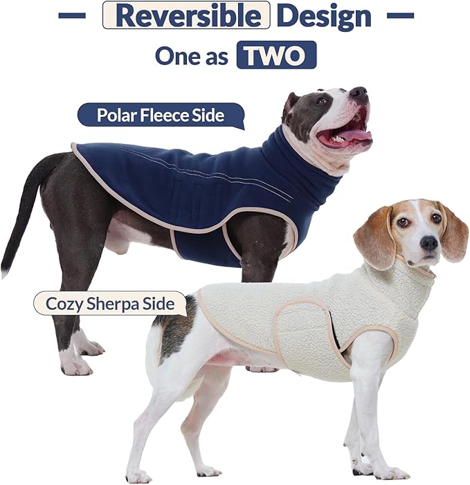 ROZKITCH Reversible Coat with Polar Fleece Warm for Dog, Adjustable Vest for Chilly Winter, Double-Sided Plush Sweatshirt for Small Breeds DarkBlue M