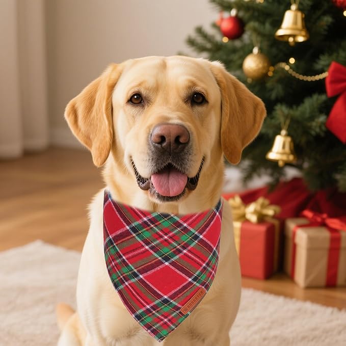 ADOGGYGO Christmas Dog Bandanas 2 Pack, Premium Cotton Fabric, Red Green Plaid Xmas Pet Scarf, Christmas Bandanas for Extra Large Dogs (X-Large)
